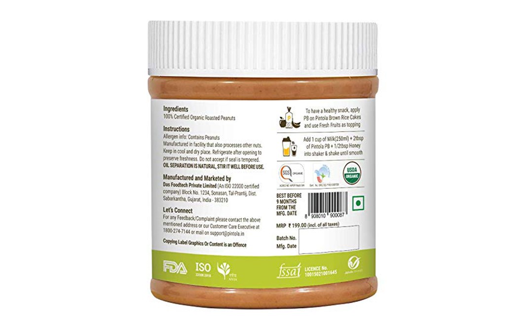 Pintola Peanut Butter Organic Creamy Unsweetened   Plastic Jar  350 grams